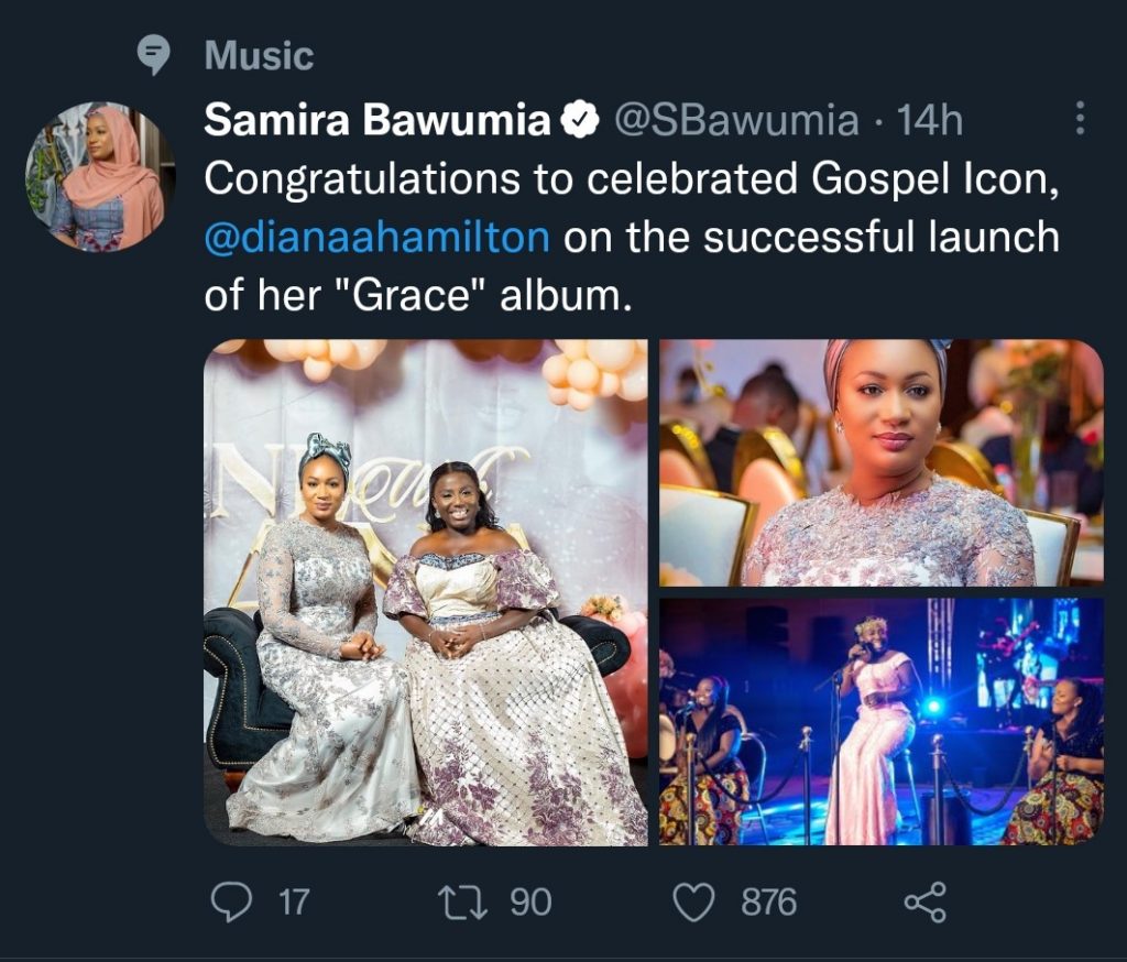 Ghana's Second Lady, Her Excellency Samira Bawumia congratulates Diana Hamilton on the successful launch of her Album